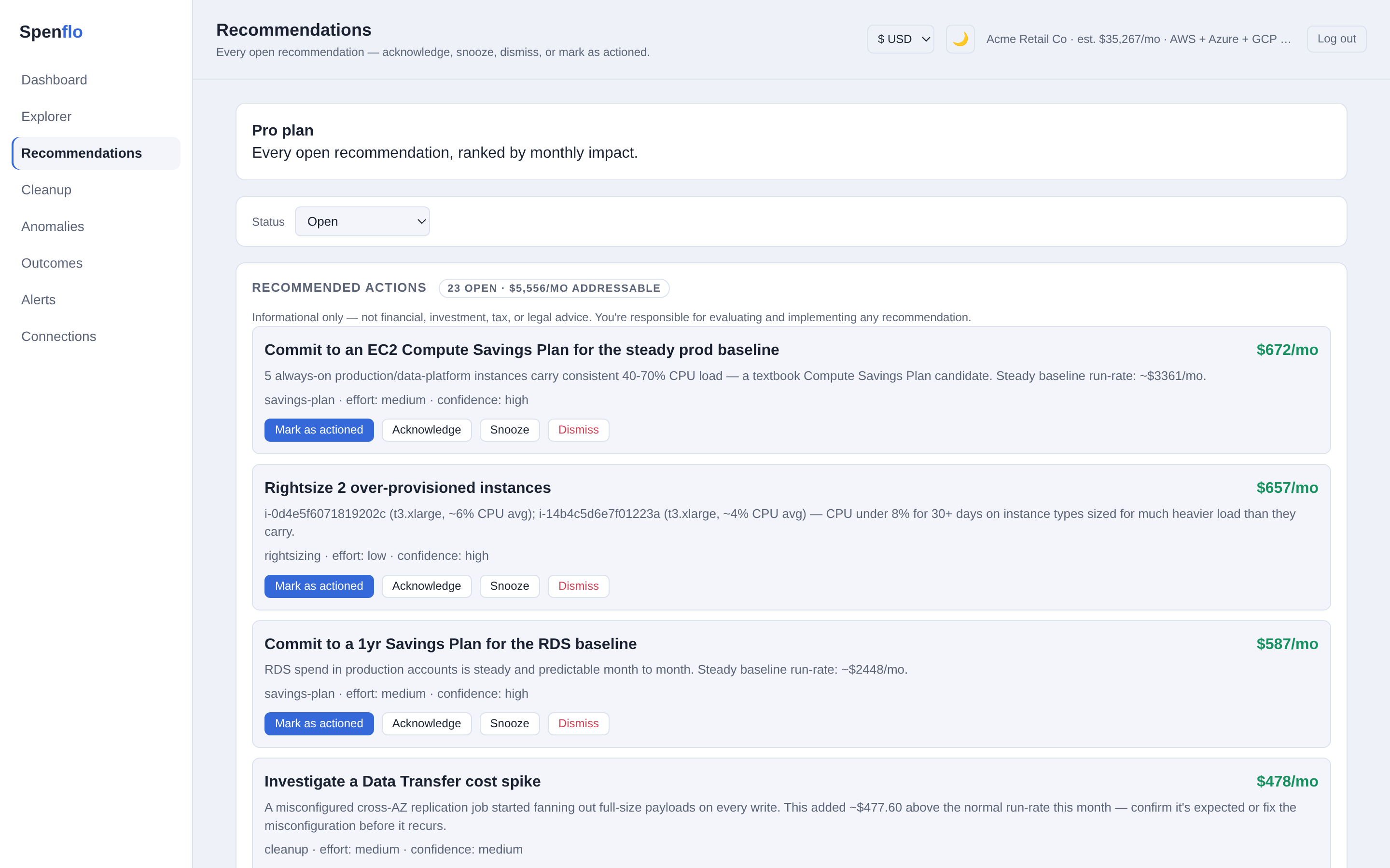 Recommendations view: ranked optimisation actions with monthly savings